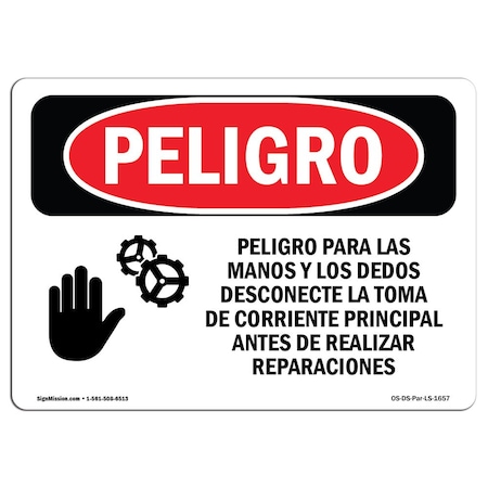 Signmission OSHA Danger Sign, Finger, Hand Hazard Spanish, 5in X 3.5in Decal, 5" W, 3.5" H, Hand Hazard Spanish OS-DS-D-35-LS-1657